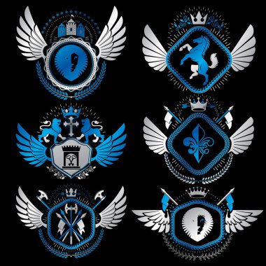 Vintage tasarımında stilize vektör klas Hanedan Arması, blazons topluluğu ve oluşturulan grafik öğeleri, Kraliyet kron ve bayrak, yıldız, kuleleri, Tophane, dini haçlar