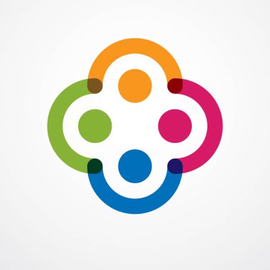 Basit geometrik öğelerle insanlar mürettebat, vektör simge veya logo oluşturulan ekip çalışması ve dostluk kavramı