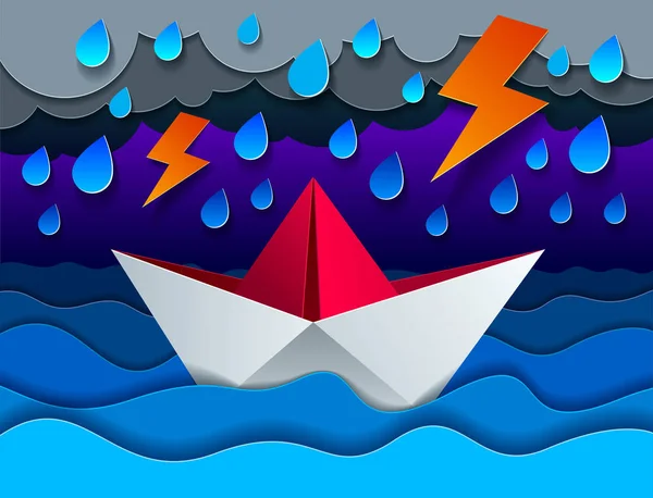 折り紙船雷 海と空 紙のカット スタイルの美しいベクトル図の雲の曲線の波と雷雨の水泳グッズ — ストックベクタ