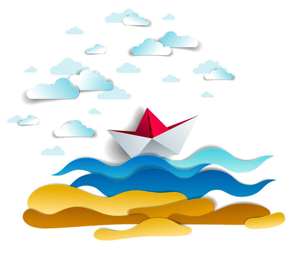 Origami paper ship toy swimming in ocean waves, beautiful vector illustration of scenic seascape with toy boat floating in sea and clouds in sky, Water travel, summer holidays