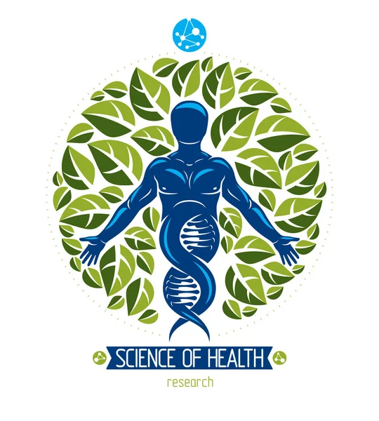 载体图表被描绘为 Dna 标志延续的肌肉人的例证并且被创造了与生态学树叶子 绿色想法技术创新 生态学保护概念 — 图库矢量图片