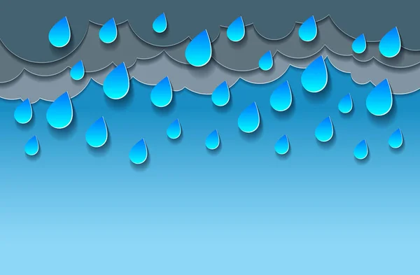 Lluvia Con Gotas Agua Vector Moderno Estilo Papel Corte Ilustración — Archivo Imágenes Vectoriales