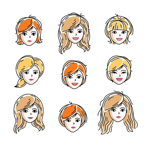 Ensemble Femmes Visages Têtes Humaines Différents Personnages Vectoriels Comme Les — Image vectorielle