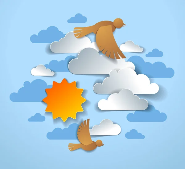 Vogels Massaal Vliegen Onder Prachtige Wolken Zon Hemel Zomer Gemak — Stockvector