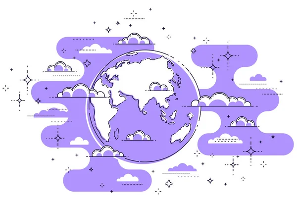 Terra Céu Cercada Por Nuvens Bela Linha Fina Ilustração Vetorial — Vetor de Stock