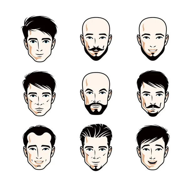 Collection Caucasian Men Faces Expressing Different Emotions Vector Human Head — Stock Vector