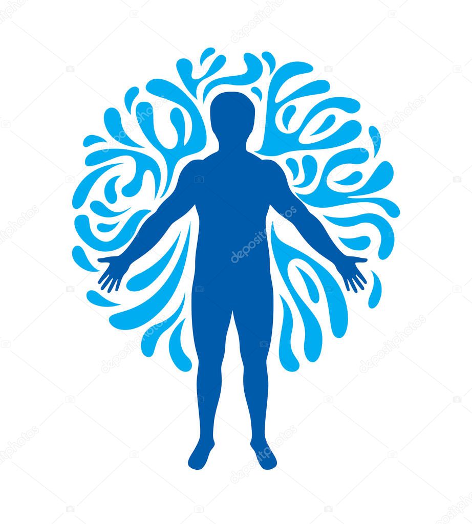 Vector graphic illustration of strong male, body silhouette surrounded by water ball, Living in harmony with nature