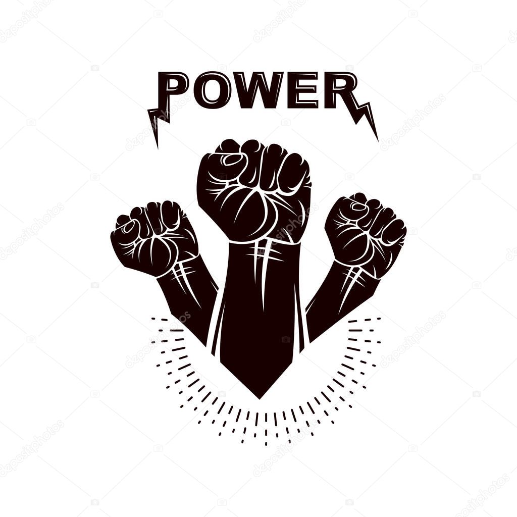 Clenched fists of angry people vector emblem, People demonstration, fighting for their rights and freedom