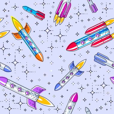 Roketler ve yıldız, çocuklar, sonsuz döşeme deseni, vektör çizim karikatür motif için keşfedilmemiş gökada kozmik fantastik ve ilginç tekstil kumaş alan sorunsuz arka plan.