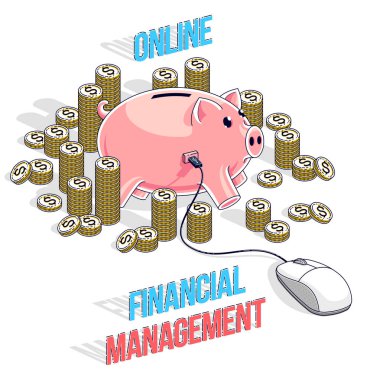 Finansal yönetim online konsepti, nakit para yığınları ve bilgisayar faresiyle domuz beyazı izole edilmiş Piggy Bank. Isometric vektör iş ve finans illüstrasyon, 3D ince çizgi tasarımı.