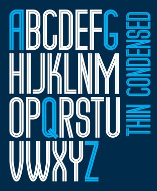 Vector tall condensed capital English alphabet letters collection made with white lines, can be used in poster design as newspaper advertising clipart