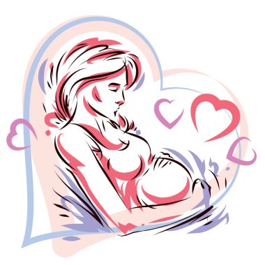 Hamile kadın zarif vücut siluet dekoratif kalp şekli çerçevesinde, yarım yamalak vektör çizim yerleştirilir. Sevgi ve nazik duygu kavramı.