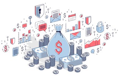 İçinde nakit para desteleri ve para yığınları olan para çantası beyaz, kişisel tasarruf konseptine izole edilmiş. Isometric 3d vektör finans resimlemesi simgeler, istatistikler ve tasarım elemanları ile.