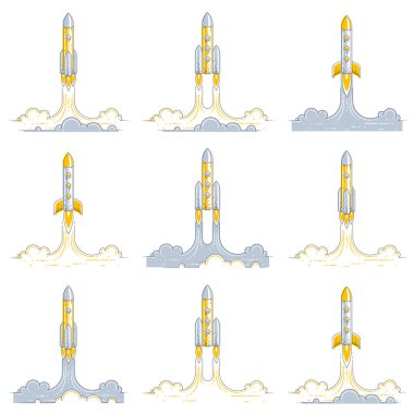 Roketler keşfedilmemiş uzaya fırlatılıyor. Evreni keşfetmek, nefes kesici uzay bilimi. İnce çizgi 3d vektör çizimleri beyaz üzerine izole edildi.