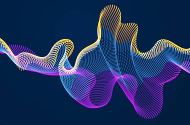 Dinamik parçacıkların ses dalgaları karanlığın üzerinde akıyor. Noktalı eğriler vektör soyut arkaplanı. Güzel 3 boyutlu dalga şeklinde parlayan karışık noktalar dizisi.