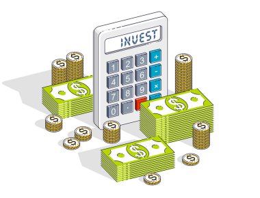 Kavramı, başlangıç ve kredilendirme, hesap makinesi ve nakit para dolar yığını ve beyaz arka plan üzerinde izole para yatırım. 3D izometrik iş ve finans illüstrasyon vektör.