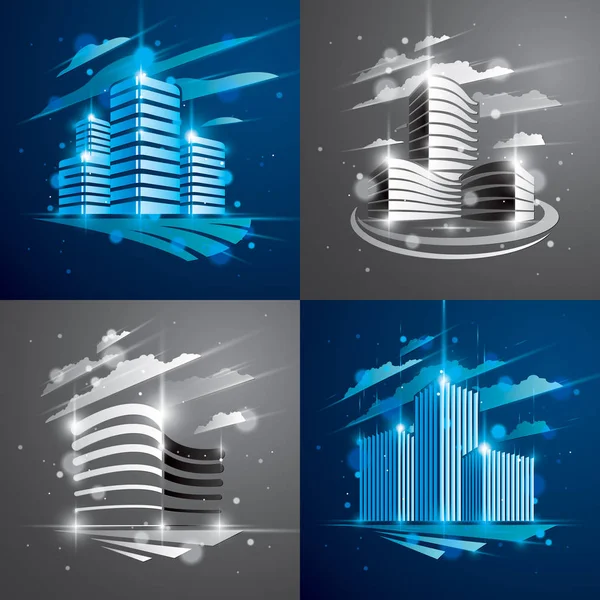 未来的な建物セット ぼやけた光とグレア効果を持つ現代のベクトル建築イラスト 不動産ビジネスセンター青とグレーのデザイン 市内の3Dビジネスオフィスファサード — ストックベクタ