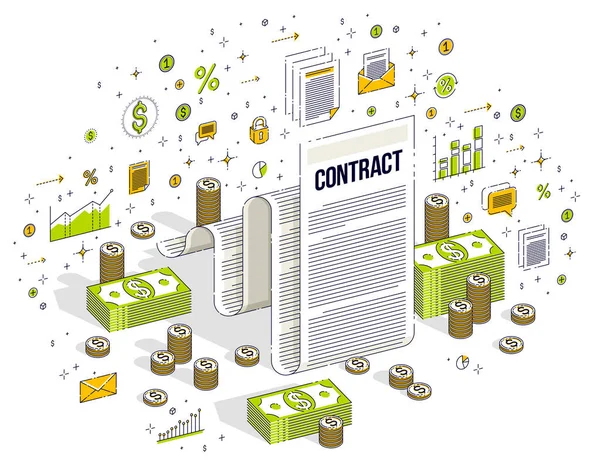 Financieel Contract Concept Papieren Juridisch Document Cash Geld Stapels Geïsoleerd — Stockvector