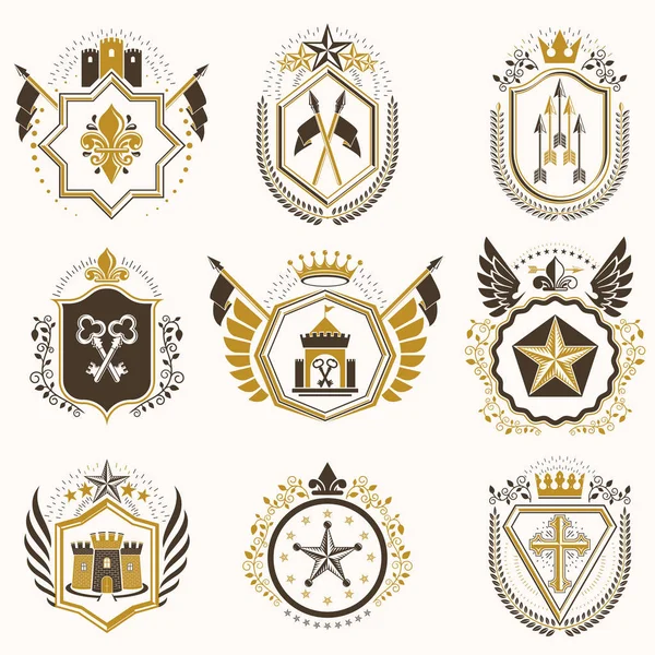 Emblemas Decorativos Heráldicos Feitos Com Coroas Reais Ilustrações Animais Cruzes —  Vetores de Stock