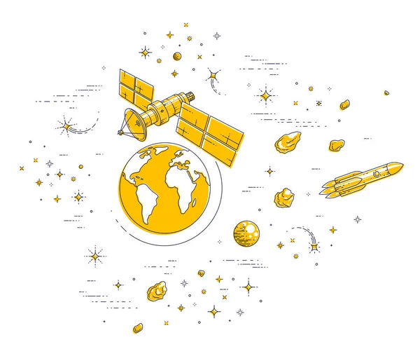 Satellit Som Kretsar Kring Jorden Rymdfärder Kommunikation Rymdfarkoster Rymdstationen Med — Stock vektor