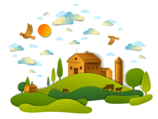 Farm in scenic landscape of fields and trees and wooden country buildings, birds and clouds in the sky, cow milk ranch, countryside lazy summer time vector illustration in paper cut style.