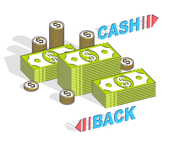 Cash Back Koncepció Cash Money Dollár Halom Centes Érmék Cölöpök — Stock Vector