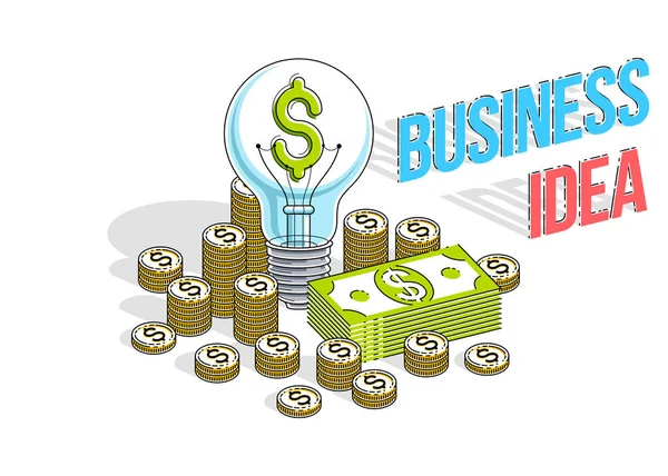 Business Start Idea Koncept Žárovka Cash Money Stack Mince Hromádky — Stockový vektor