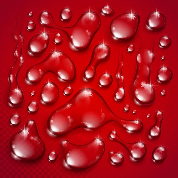 水滴集矢量为现实的3D元采集 透明露珠凝结滴在透明格子网上 准备覆盖红色背景 — 图库矢量图片