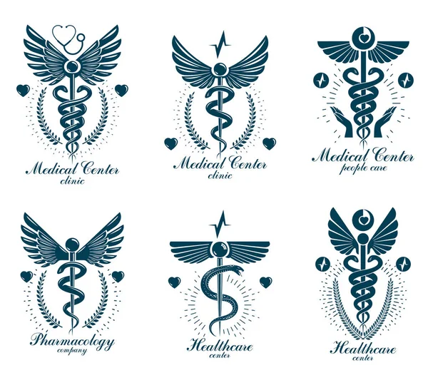 Conjunto Logotipos Vectores Caduceus Pueden Utilizar Cardiología Rehabilitación Como Emblemas — Vector de stock