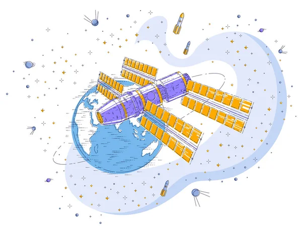 Űrállomás Föld Űrrepülés Űrhajó Körül Keringő Űrhajó Iss Napelemek Mesterséges — Stock Vector