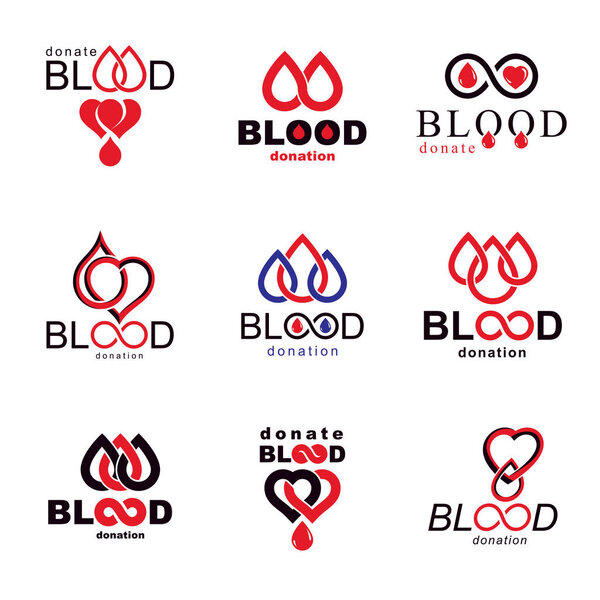 Vector blood donation conceptual illustrations collection. Healthcare and medical treatment concepts for use in pharmaceutical business.