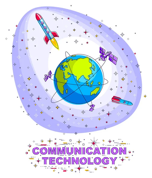 Planeta Tierra Espacio Rodeado Satélites Artificiales Cohetes Estrellas Tema Tecnología — Vector de stock