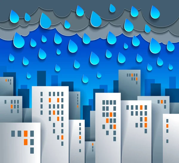 紙カット子供のアプリケーション スタイル 高い都市建物不動産住宅 雨曇りで雨漫画ベクトル図の下で都市の景観 — ストックベクタ