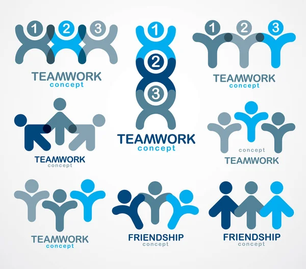 チームワークと友情の概念が人の乗組員として 単純な幾何学的要素を作成します ベクトルのアイコンやロゴを設定します 団結とコラボレーションのアイデア ビジネスの人々 の夢のチーム ブルー デザイン — ストックベクタ