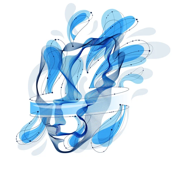 Yapay Zeka, soyut sanatsal insan kafası portresi noktalı parçacıklar dizisi, vektör yazılım dijital görsel arayüz. Dijital ruh, teknolojik zaman ruhu..