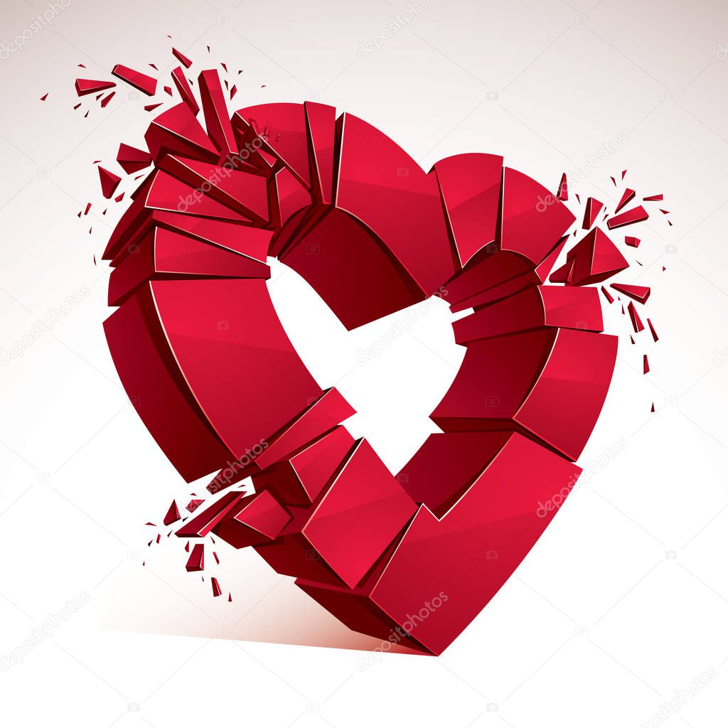 Broken Heart concept breakup, 3D realistic vector illustration of heart symbol exploding to pieces. Creative idea of breaking apart love, break up.