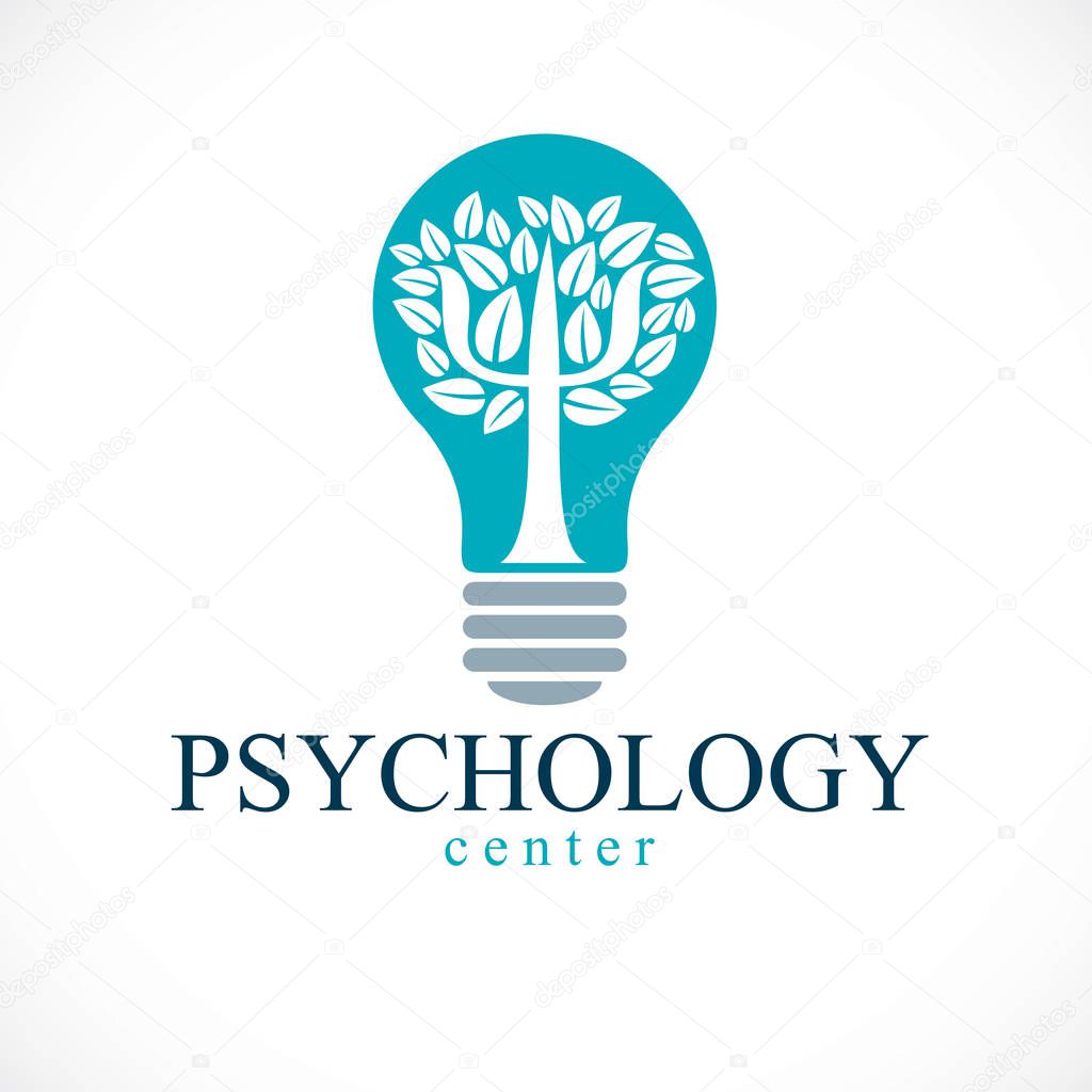 Psychology concept vector logo or icon created with Greek Psi symbol as a tree with leaves inside of idea light bulb, mental health concept, psychoanalysis analysis and psychotherapy therapy.