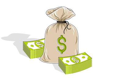 Para servet ve tasarruf, para çantasını beyaz arka plan üzerinde izole doları yığınları ile