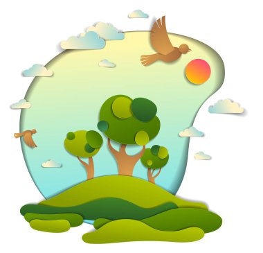 Kuşlar bulutlar ve gökyüzü güneş ile yaz yeşil alanlar ve ağaçlar doğal peyzaj