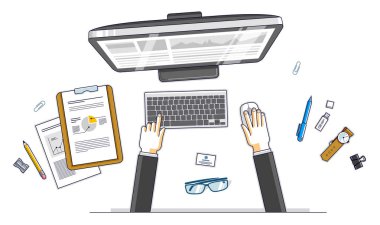 Elle office çalışanın ofis resepsiyon çalışma alanı üstten görünüm 