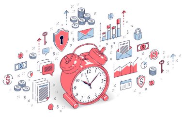 Para kavramı, masa saati nakit para yığınları ve beyaz arka plan üzerinde izole para yığınları ile zamanı