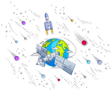 Dünya, güneş panelleri ile uzay uzay istasyonu çevresinde yörünge uzay uçuşu uçan iletişim uydu 