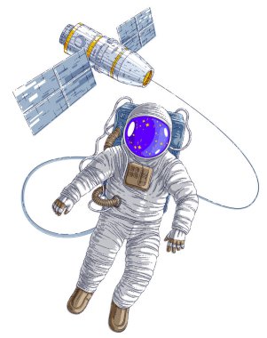 Açık alanda uçan astronot uzay istasyonuna bağlı