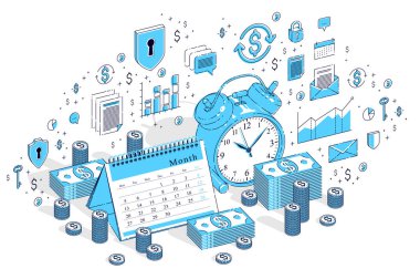 Para kavramı, masa saati nakit para yığınları ve beyaz arka plan üzerinde izole para yığınları ile zamanı