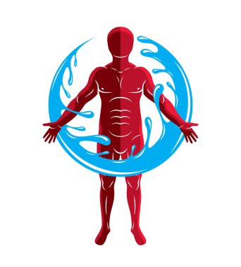 güçlü erkek, vücut siluet su topu tarafından çevrili grafik resmini