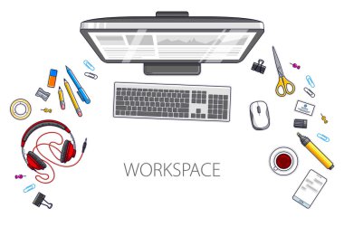 Resepsiyon çalışma alanı üstten görünüm Pc bilgisayar ile çalışmak 