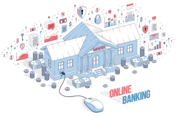 白い背景の上分離されたオンライン銀行の概念は 銀行のコンピューターのマウスを接続している建物 — ストックベクタ