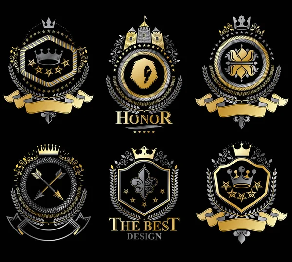 Samling Heraldiska Dekorativa Vapensköldar Vintage Designelement — Stock vektor