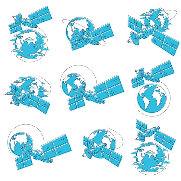 Satellieten Een Baan Rond Aarde Ruimtevaart Communicatie Ruimtevaartuig Ruimtestation Met — Stockvector