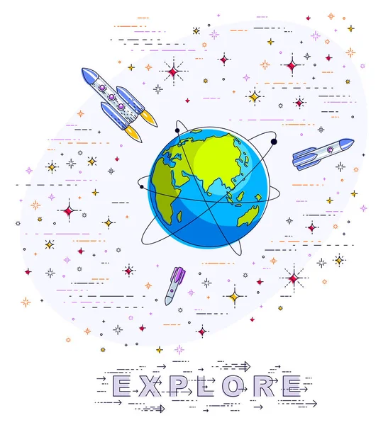 Planet Erde All Umgeben Von Sternen Raketen Asteroiden Und Anderen — Stockvektor